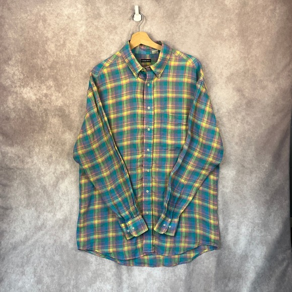 VTG Gitman Bros Men's Medium Linen Long Sleeve Button Down Plaid Shirt - Picture 1 of 6
